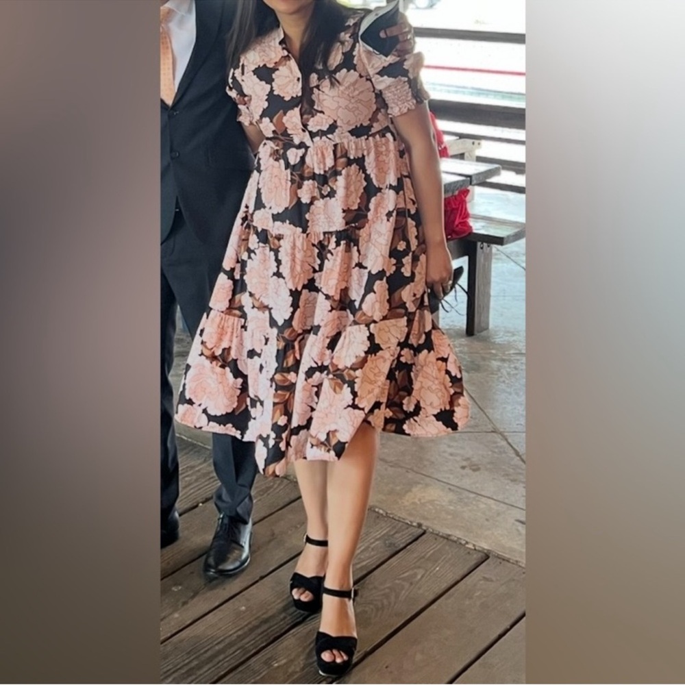 Who What Wear Black and Peach Floral Midi Dress